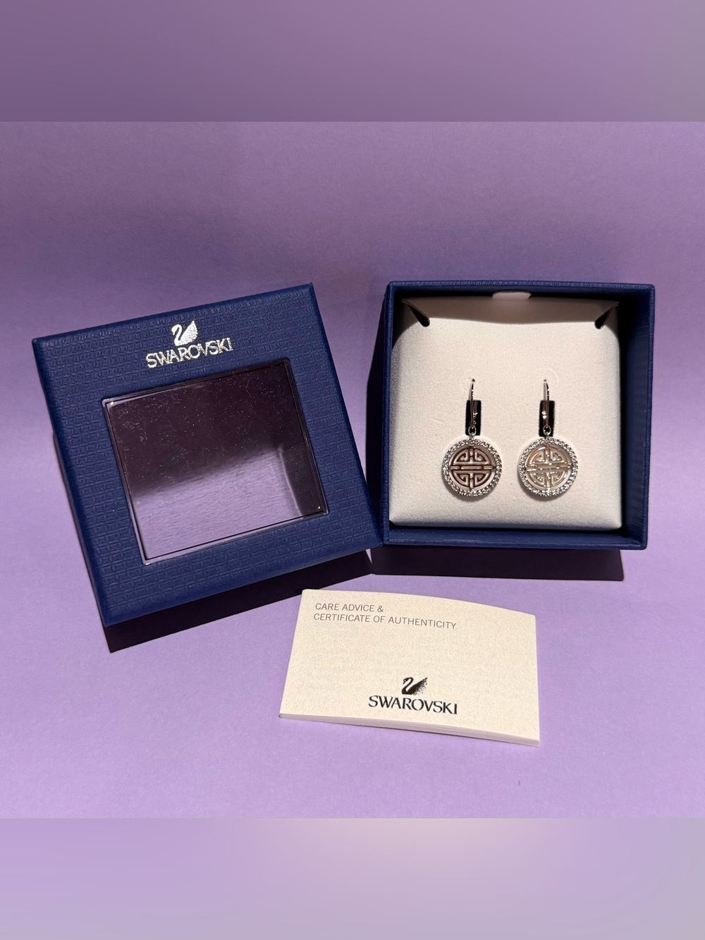 Swarovski Silver Round Dangle Earrings with Crystal Accents